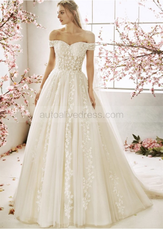 Off Shoulder Beaded Ivory Tulle Flowers Wedding Dress